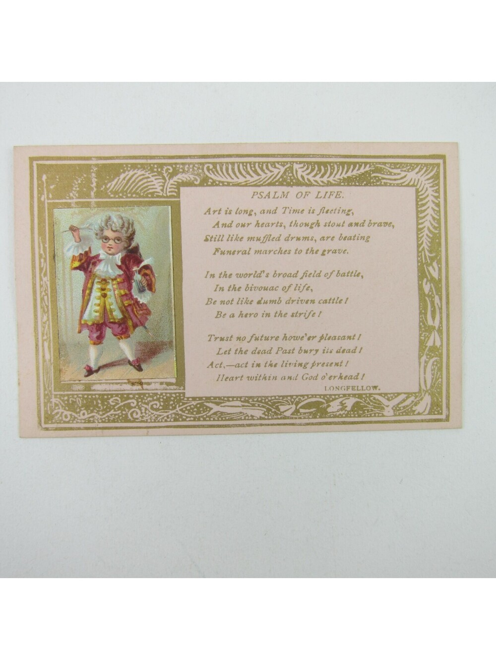 Victorian Card Boy in Powder Wig Quill Pen Psalm of Life Longfellow Poem Antique